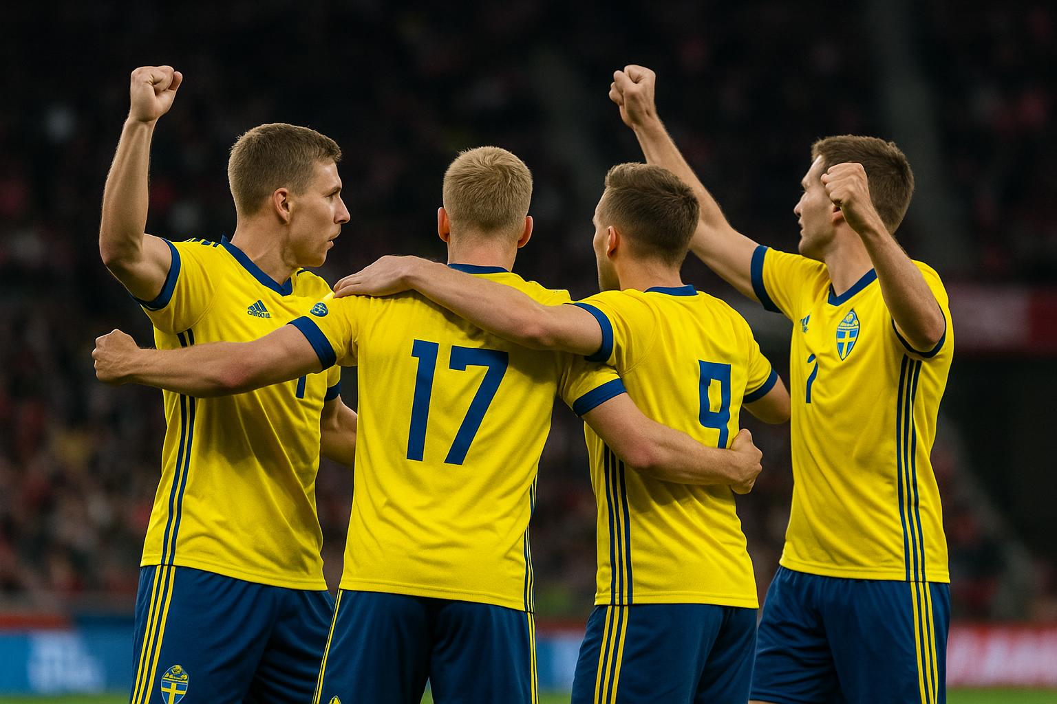 Zweedse spelers vieren de late beslissende treffer tegen Polen in de WK-barrage.