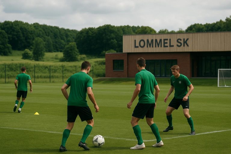 Overzicht van het trainingscomplex van Lommel SK in een groene omgeving