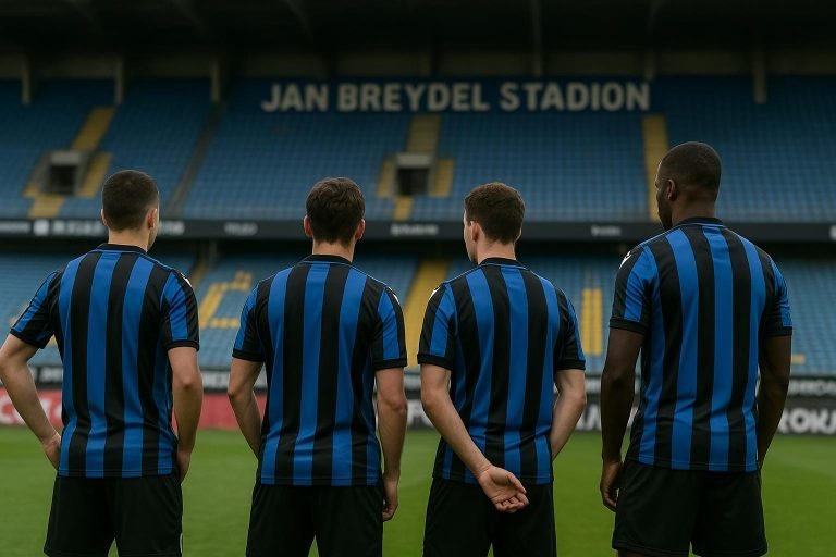 Sfeerbeeld in het Jan Breydelstadion bij Club Brugge, met spelers op de achtergrond