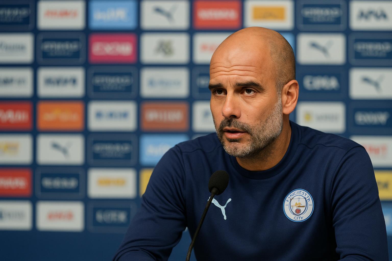 Pep Guardiola tijdens een persmoment in neutrale omgeving