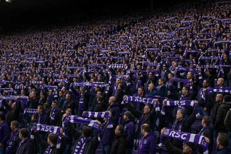 Supporters van RSC Anderlecht in paarse sfeer in het Koning Boudewijnstadion