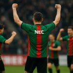 Tjaronn Chery viert met NEC na de 3-2 zege tegen PSV en de kwalificatie voor de bekerfinale.