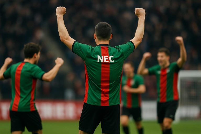 Tjaronn Chery viert met NEC na de 3-2 zege tegen PSV en de kwalificatie voor de bekerfinale.