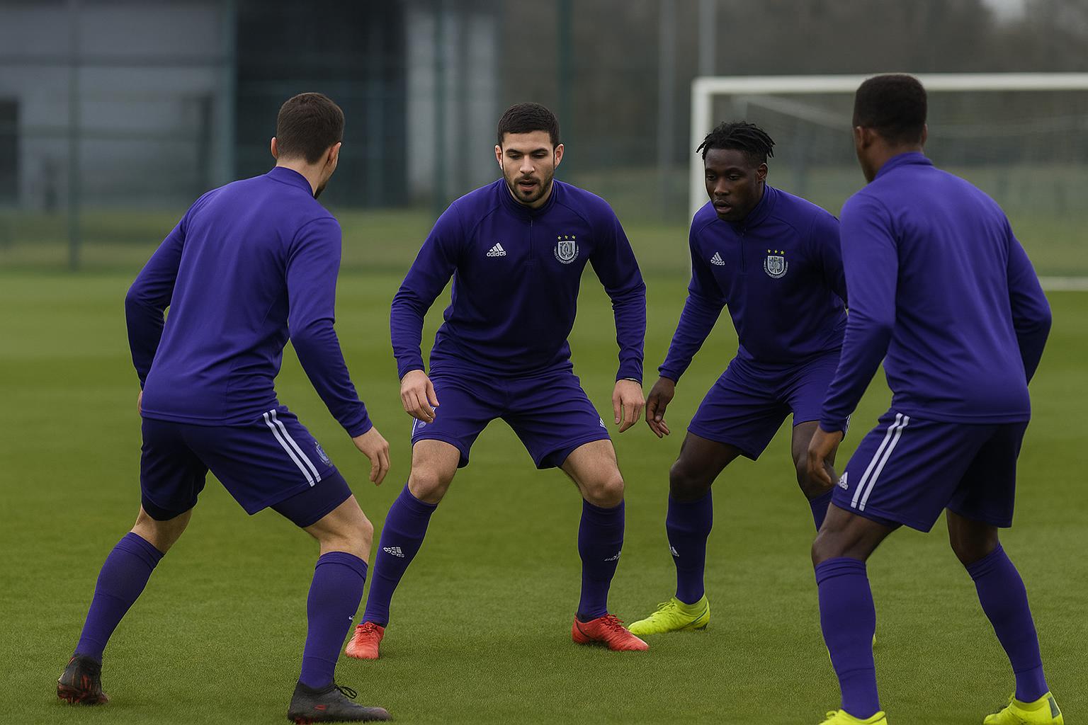 Verdedigers van RSC Anderlecht op training, met focus op de achterlinie