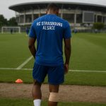 Beeld van een training bij RC Strasbourg met focus op een geblesseerde speler zonder herkenbare gezichten