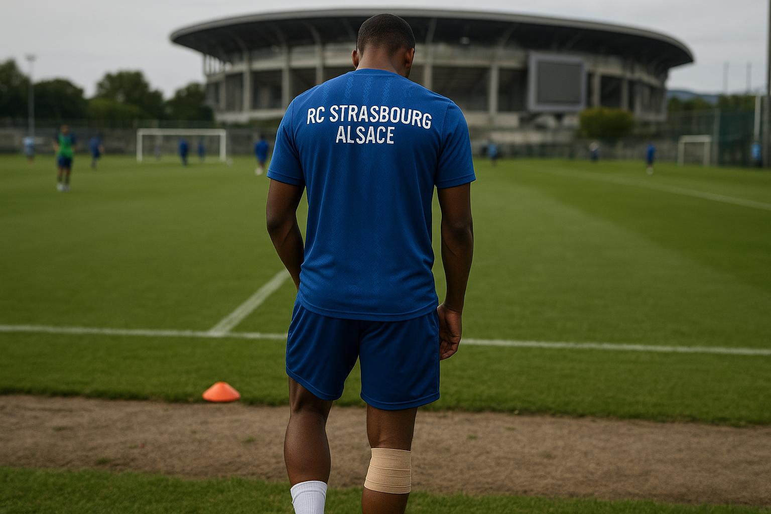 Beeld van een training bij RC Strasbourg met focus op een geblesseerde speler zonder herkenbare gezichten