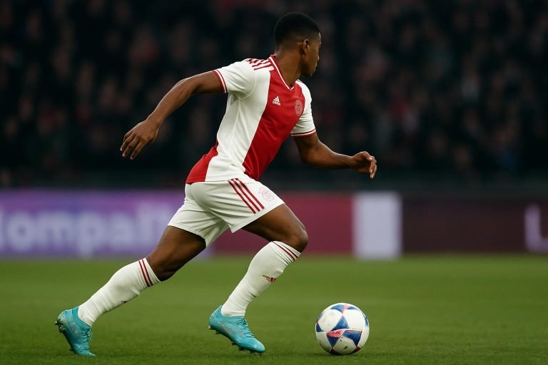 Mika Godts in actie in het shirt van Ajax
