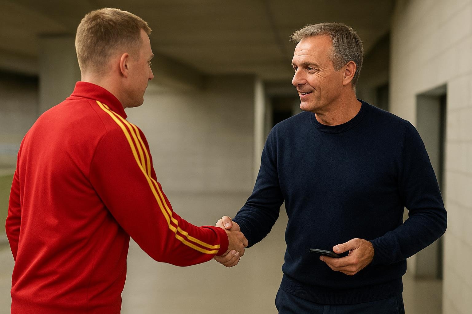 Rudi Garcia en Eddy Merckx tijdens hun ontmoeting, gefotografeerd vanop afstand zonder herkenbare gezichten.
