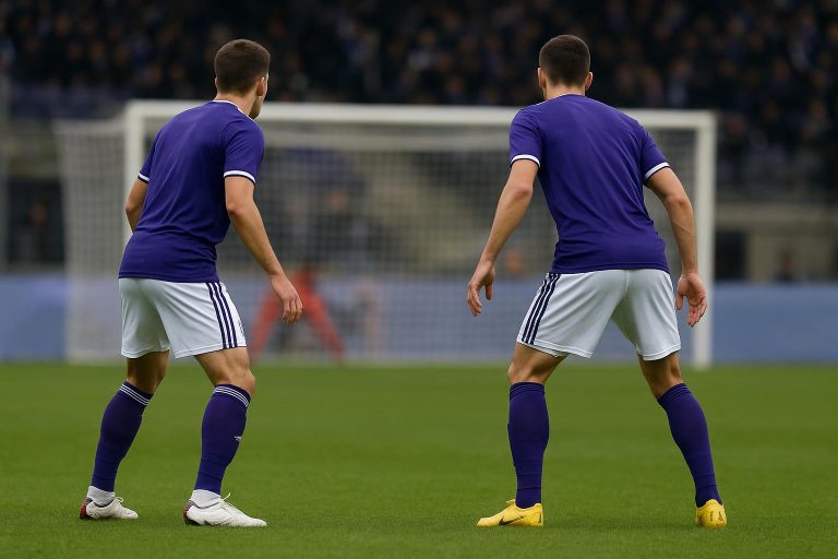 Wedstrijdmoment met spelers van RSC Anderlecht in een defensieve fase, met focus op het centrale duo achterin.