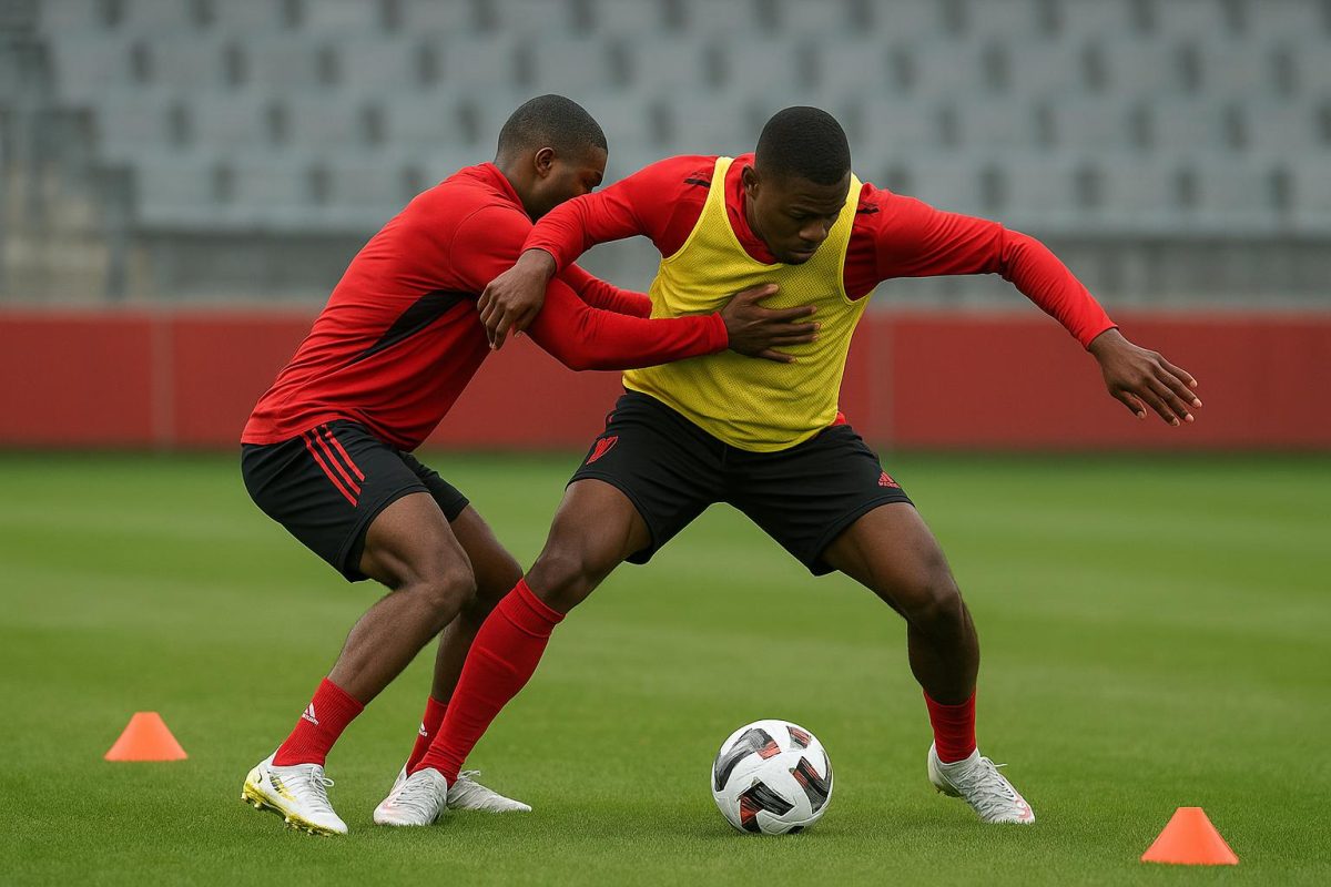 Trainingsmoment van de Rode Duivels met focus op een speler in het middenveld