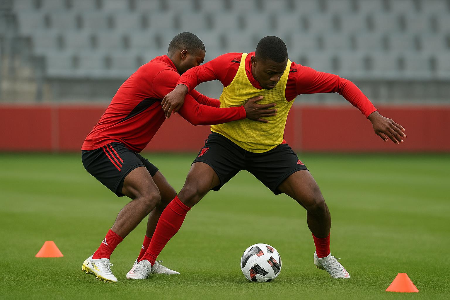 Trainingsmoment van de Rode Duivels met focus op een speler in het middenveld