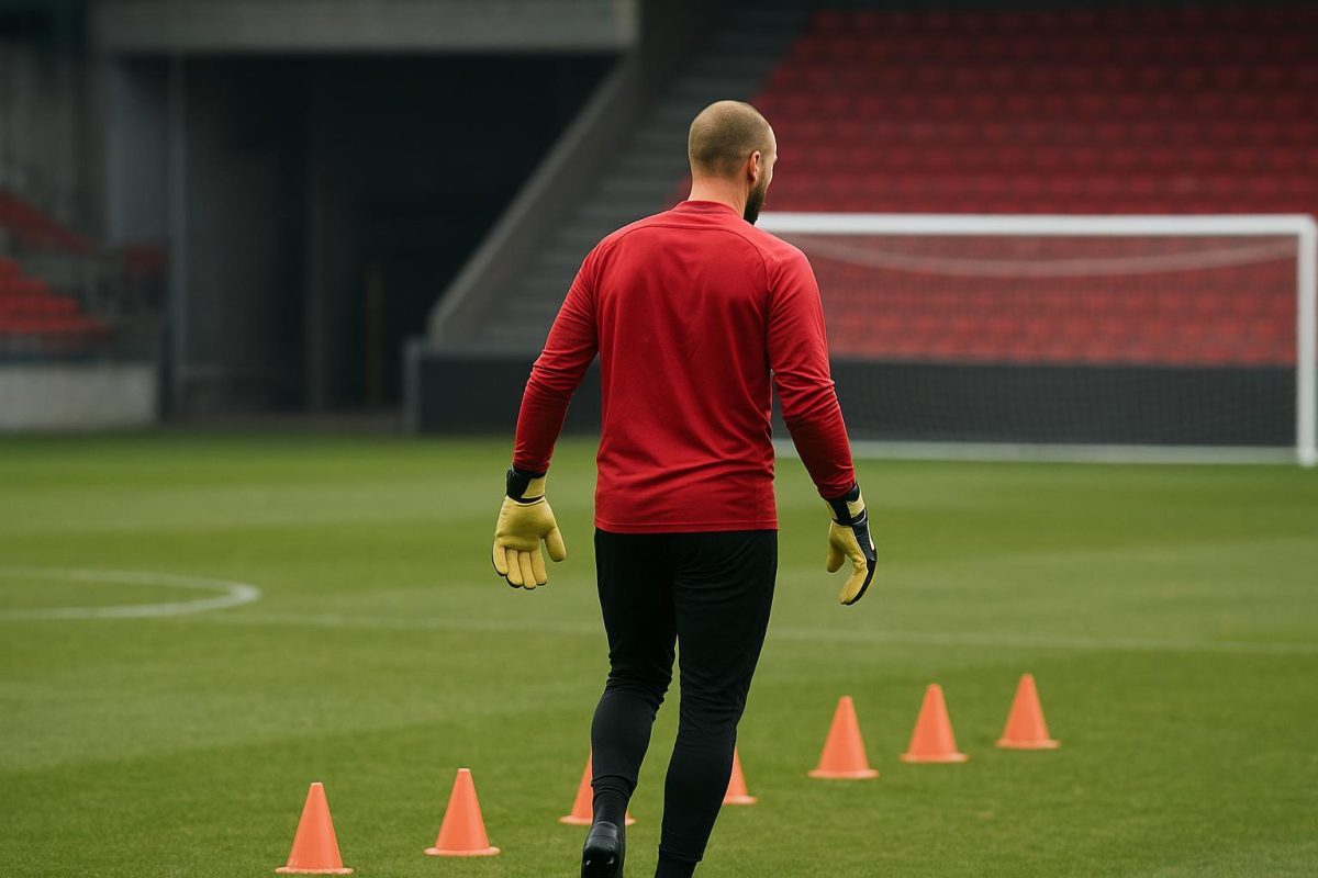Een doelman van Standard op training tijdens een oefensessie op het veld.
