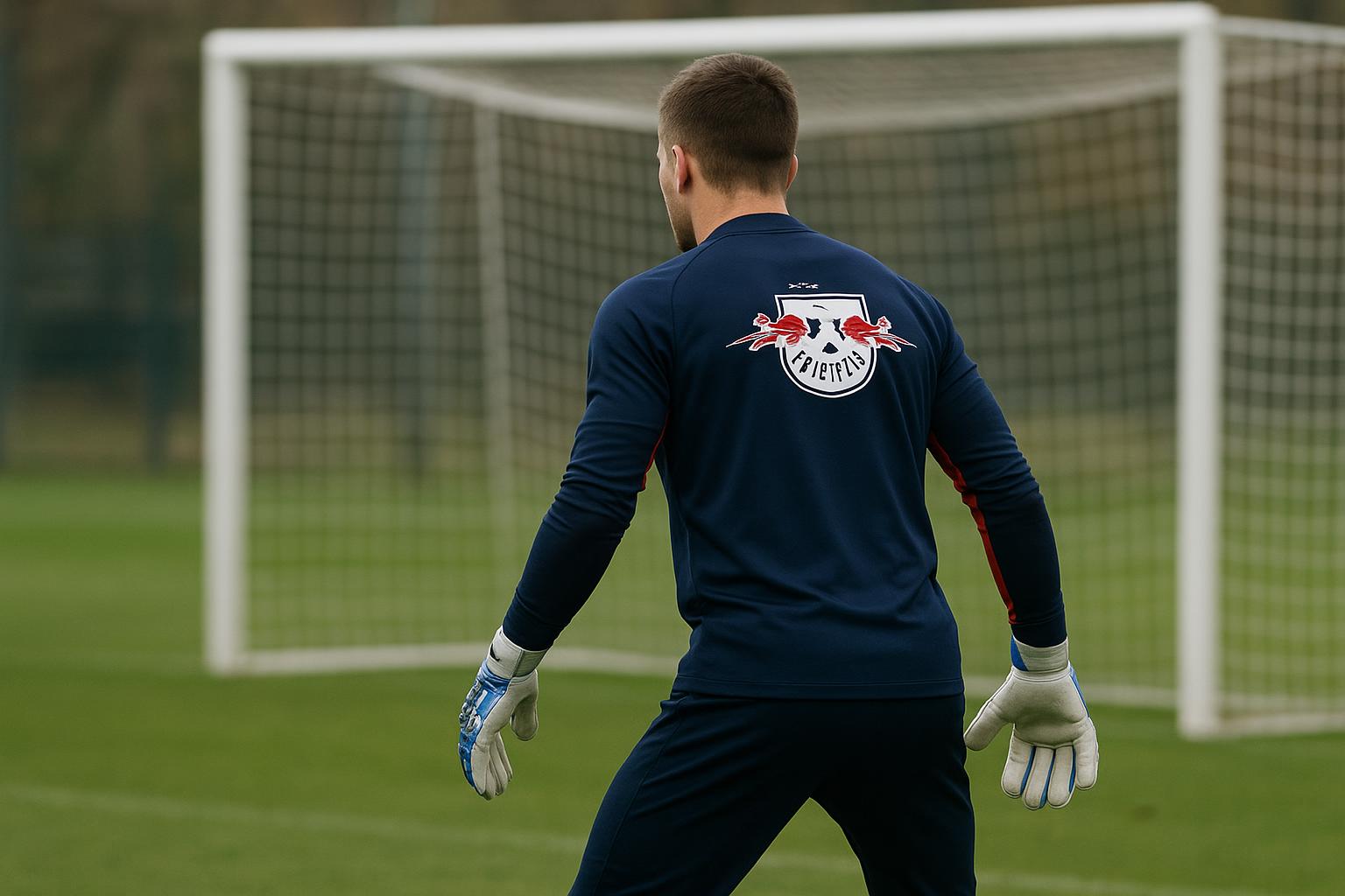 Maarten Vandevoordt, doelman van RB Leipzig, tijdens een trainingsmoment in het stadion