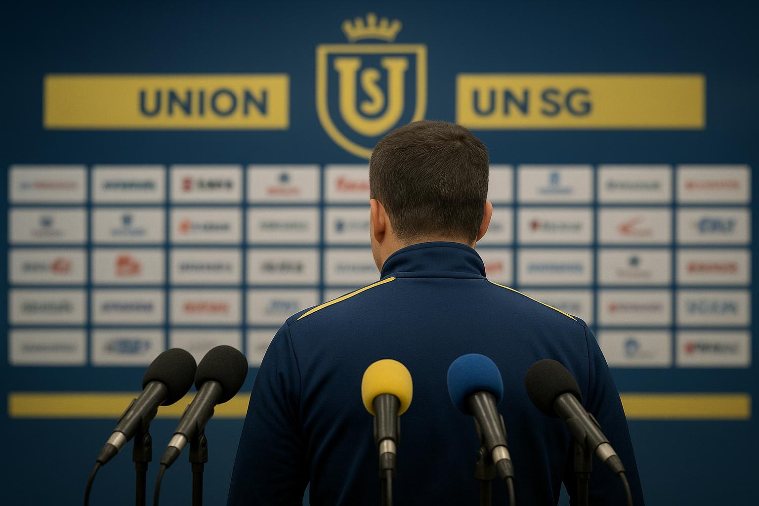 David Hubert langs de zijlijn tijdens een wedstrijd van Union SG, met het stadion op de achtergrond.