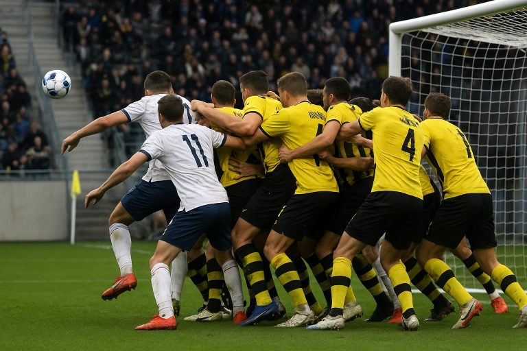 Drukte en duels in het strafschopgebied bij een hoekschop in de Premier League