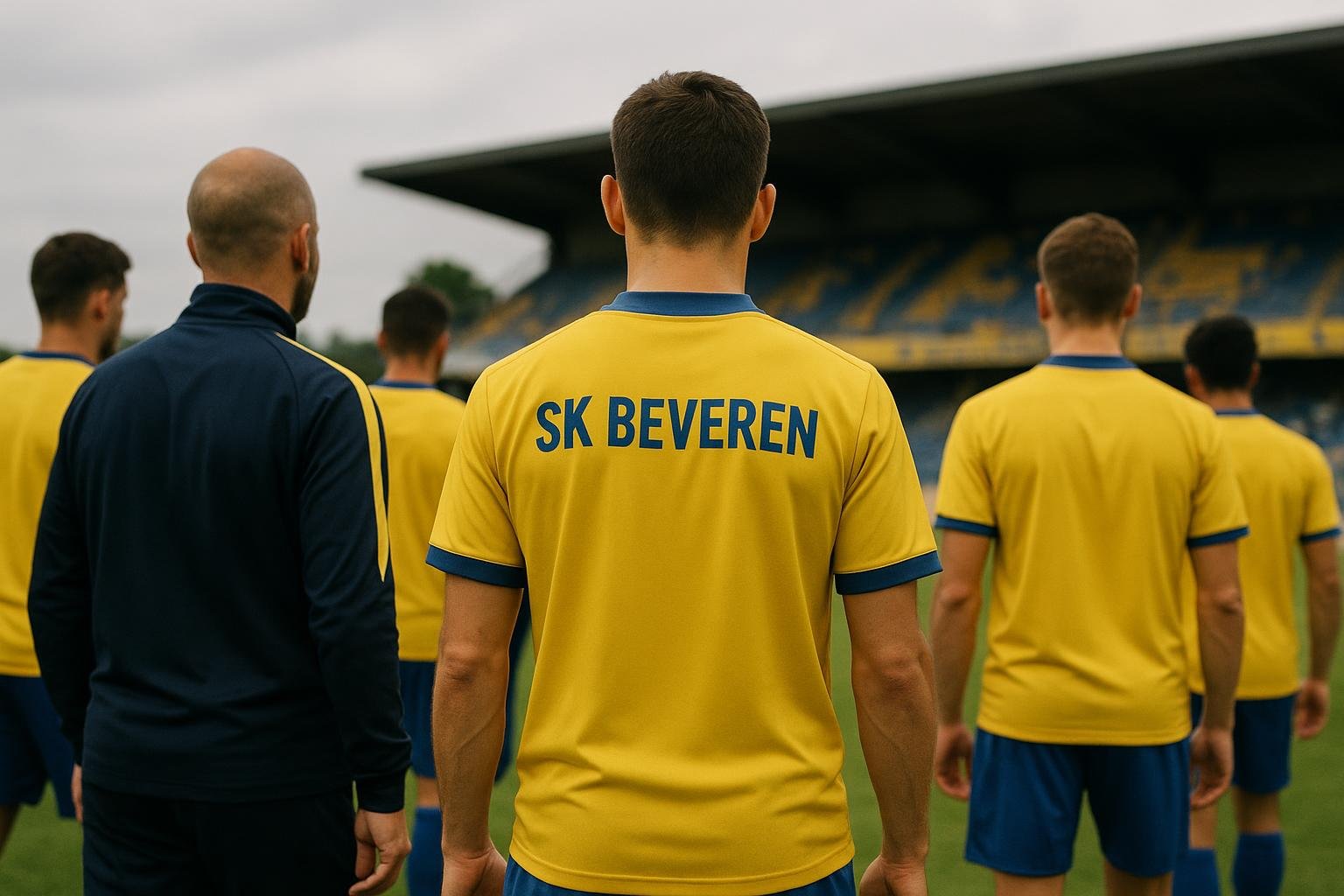 Spelers van SK Beveren vieren promotie in geel-blauw in een stadionomgeving