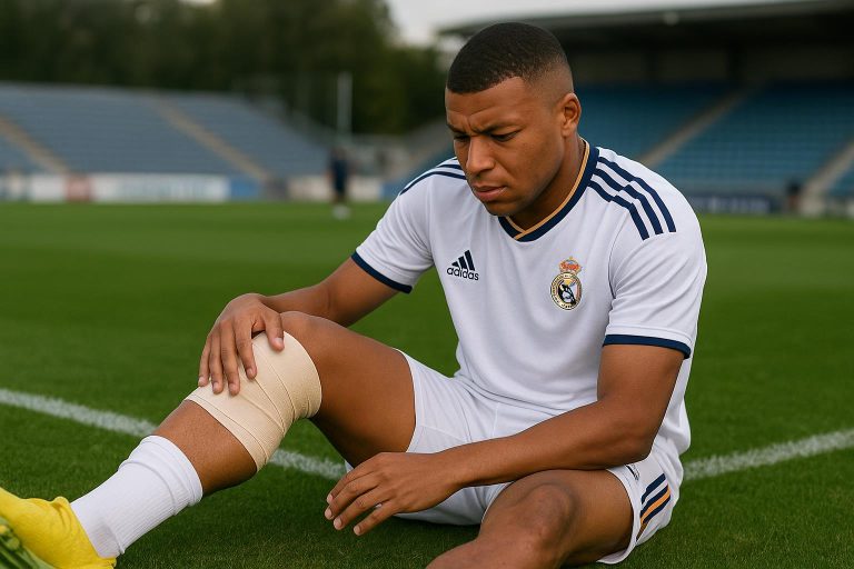 Kylian Mbappé van Real Madrid tijdens een moment rond een knieblessure in aanloop naar het WK