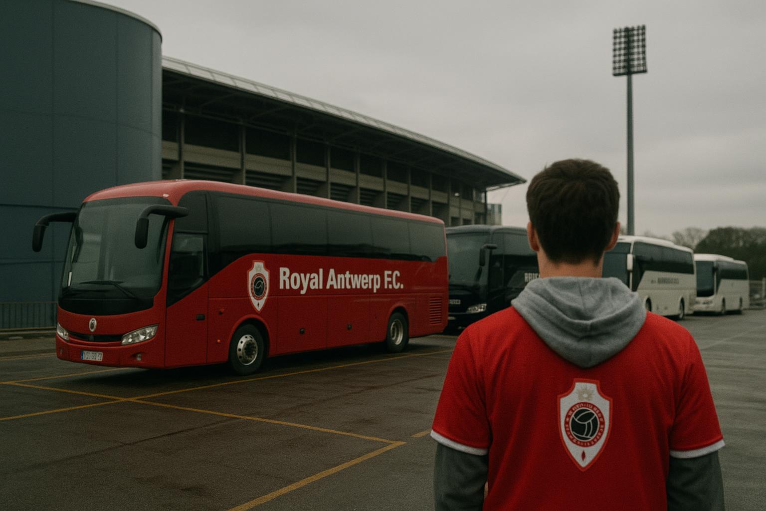 Lege supportersbussen van Royal Antwerp FC aan een parkeerzone bij een stadion, zonder herkenbare gezichten.