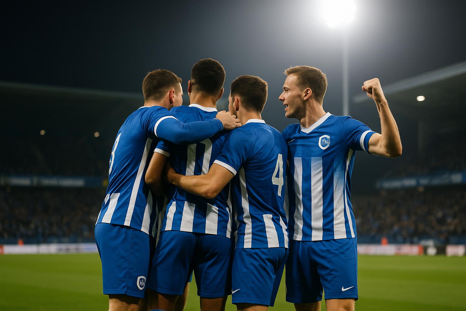 Spelers van KRC Genk vieren na de 3-0 zege tegen KAA Gent.