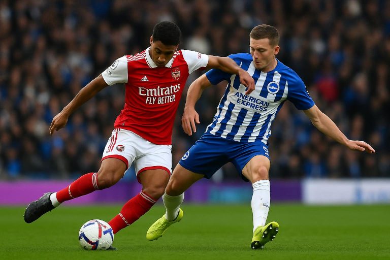 Arsenal viert op het veld na de 0-1 zege tegen Brighton in de Premier League