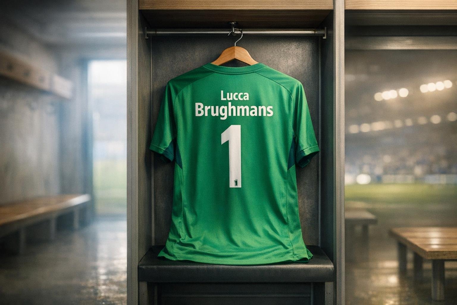 Lucca Brughmans, jonge doelman van KRC Genk, gefocust op het veld