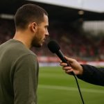 Eden Hazard tijdens een interviewmoment, neutrale blik