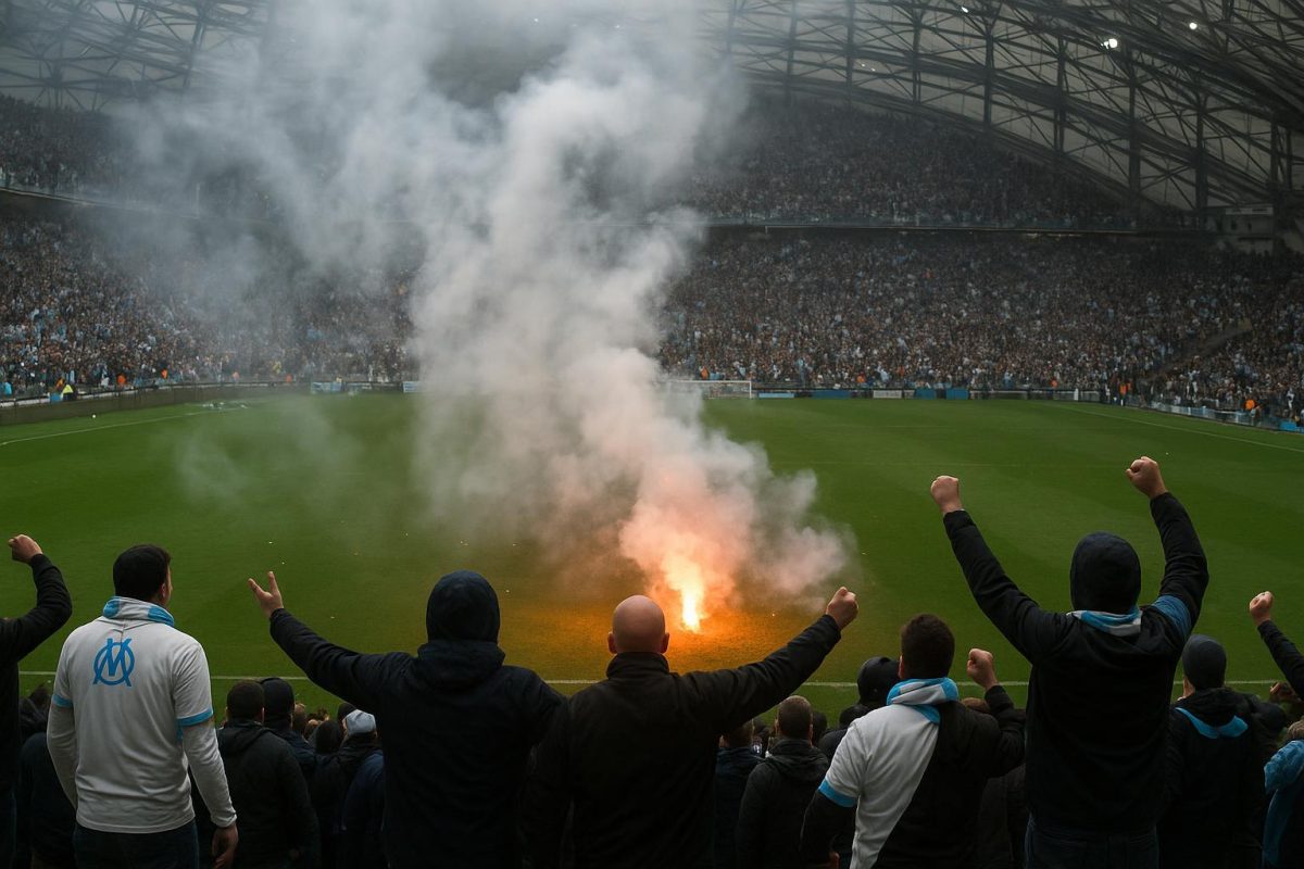 Supporters van Olympique Marseille gooien vuurwerk op het veld in het Stade Vélodrome na de bekerwedstrijd tegen Toulouse.