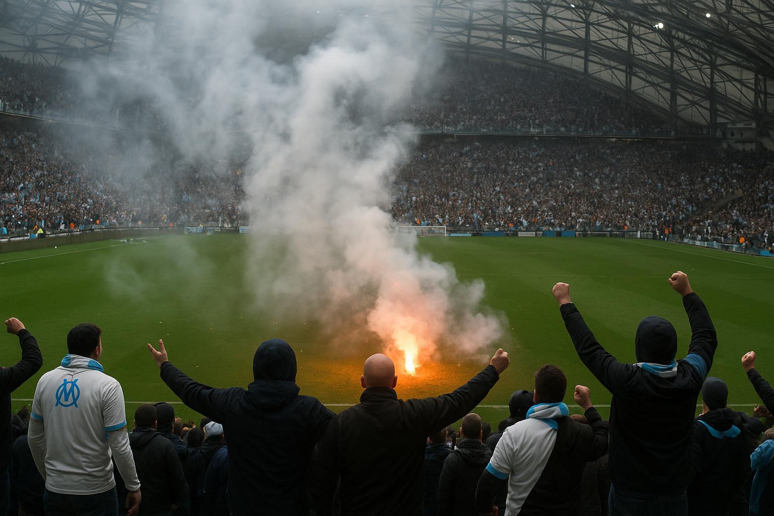 Supporters van Olympique Marseille gooien vuurwerk op het veld in het Stade Vélodrome na de bekerwedstrijd tegen Toulouse.