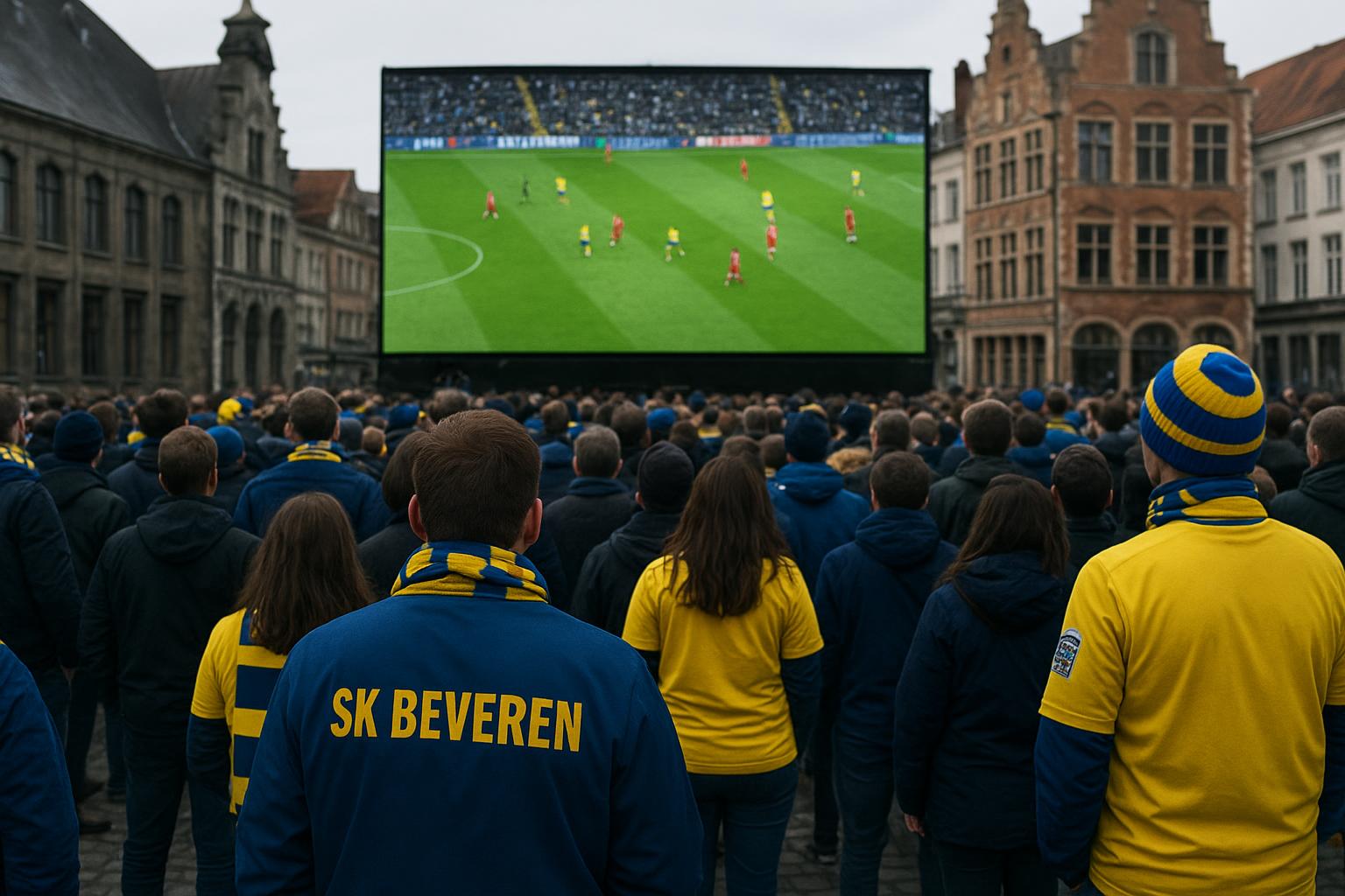 Supporters van SK Beveren volgen een wedstrijd op een groot scherm op de Grote Markt.