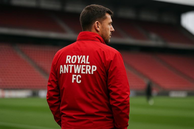 Joseph Oosting langs de zijlijn bij Royal Antwerp FC tijdens een wedstrijd