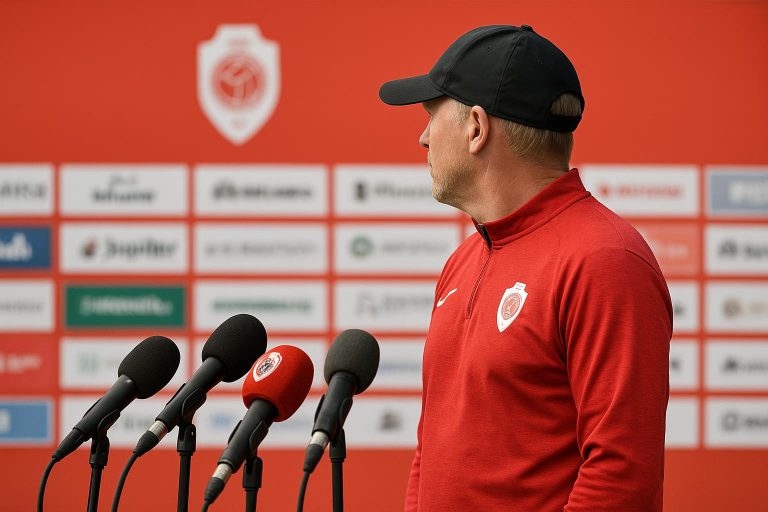 Joseph Oosting van Royal Antwerp FC tijdens een persmoment in aanloop naar de wedstrijd tegen La Louvière