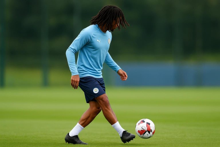 Nathan Aké in Manchester City-trainingscontext, als verdediger in beeld zonder herkenbare gezichten