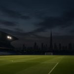 Sfeershot van Dubai bij schemer met een luchtpatrouille in de verte, zonder herkenbare gezichten