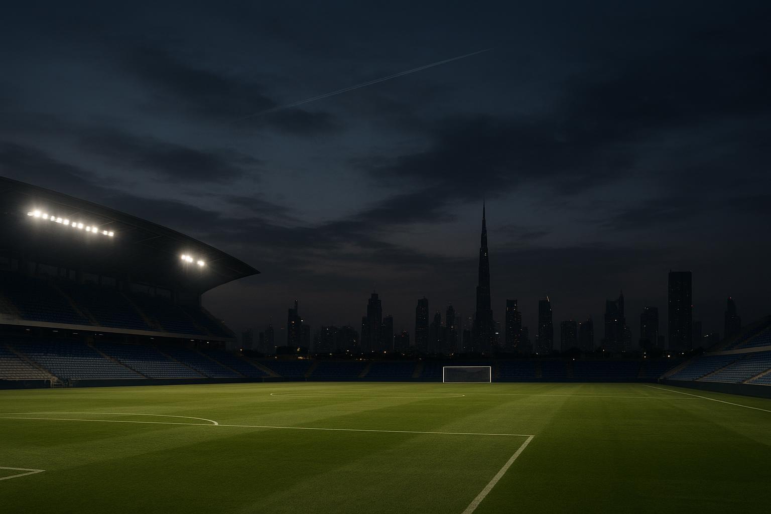 Sfeershot van Dubai bij schemer met een luchtpatrouille in de verte, zonder herkenbare gezichten