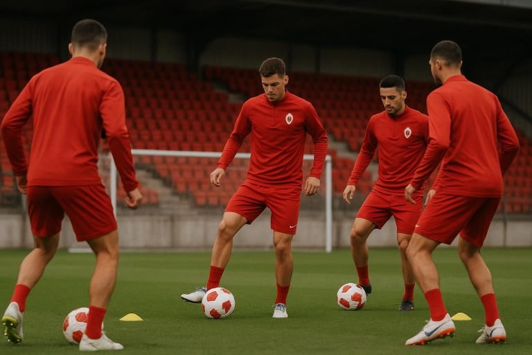 Spelers van Royal Antwerp FC op training in aanloop naar de verplaatsing naar La Louvière