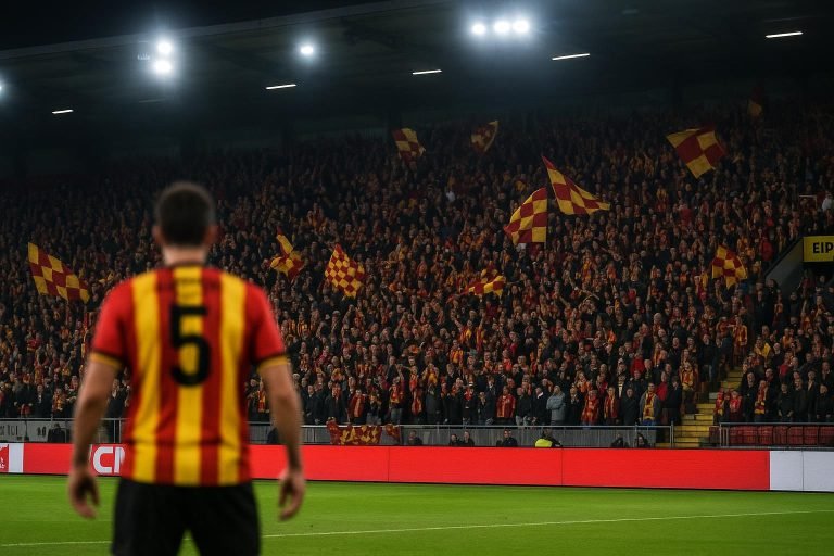 Sfeerbeeld in het stadion van KV Mechelen tijdens een competitiewedstrijd, met supporters op de tribune zonder herkenbare gezichten.