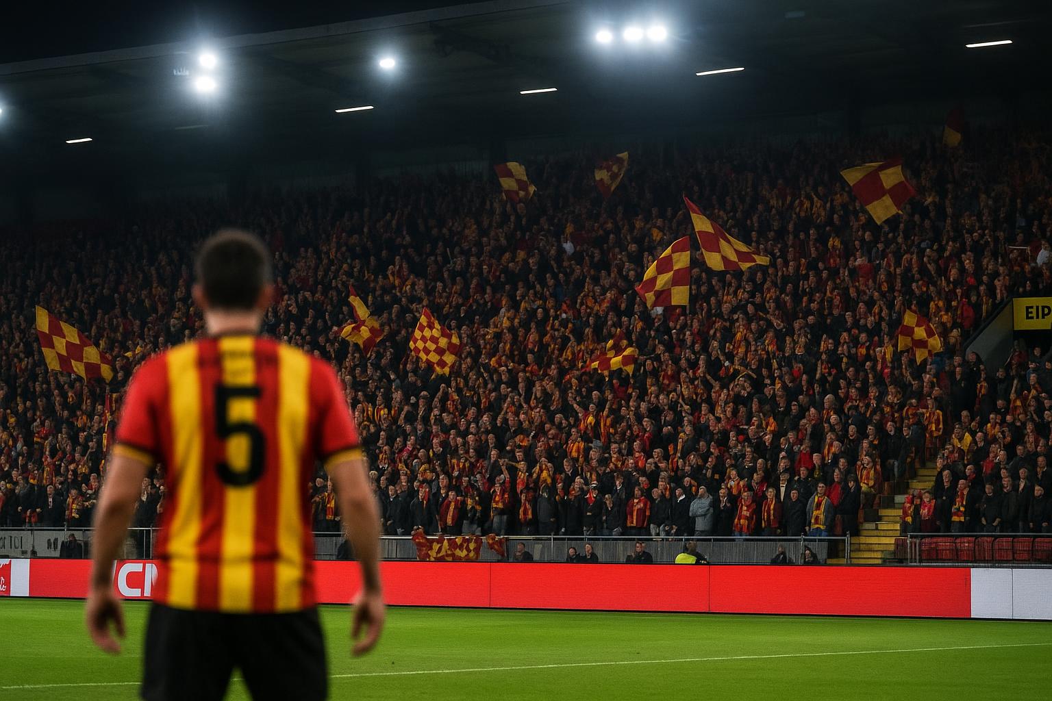 Sfeerbeeld in het stadion van KV Mechelen tijdens een competitiewedstrijd, met supporters op de tribune zonder herkenbare gezichten.