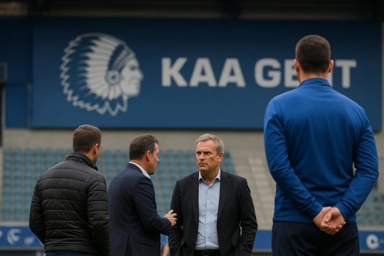 Bestuursfiguren van KAA Gent in de Planet Group arena tijdens een moment van overleg