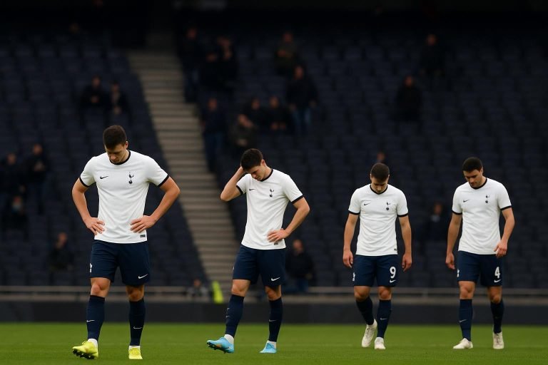 Spelers van Tottenham Hotspur stappen ontgoocheld van het veld in een bijna leeg stadion