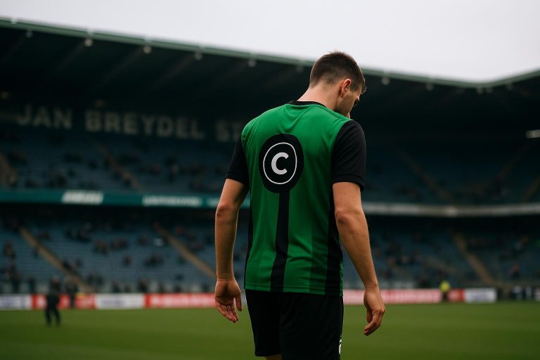 Sfeerbeeld rond Cercle Brugge in het Jan Breydelstadion met focus op een linksachter tijdens een wedstrijdmoment