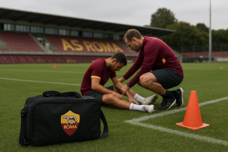 Sfeerbeeld rond AS Roma op training, met focus op blessurezorgen zonder herkenbare gezichten
