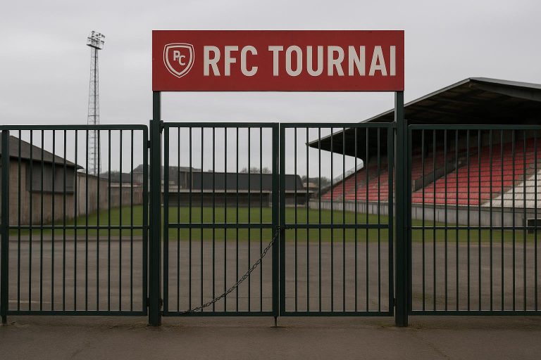 Gesloten toegangshek aan een stadionomgeving van RFC Tournai