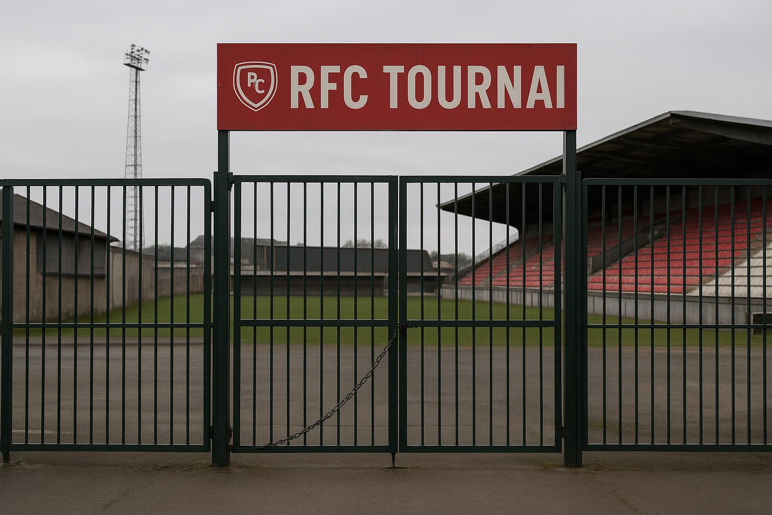 Gesloten toegangshek aan een stadionomgeving van RFC Tournai