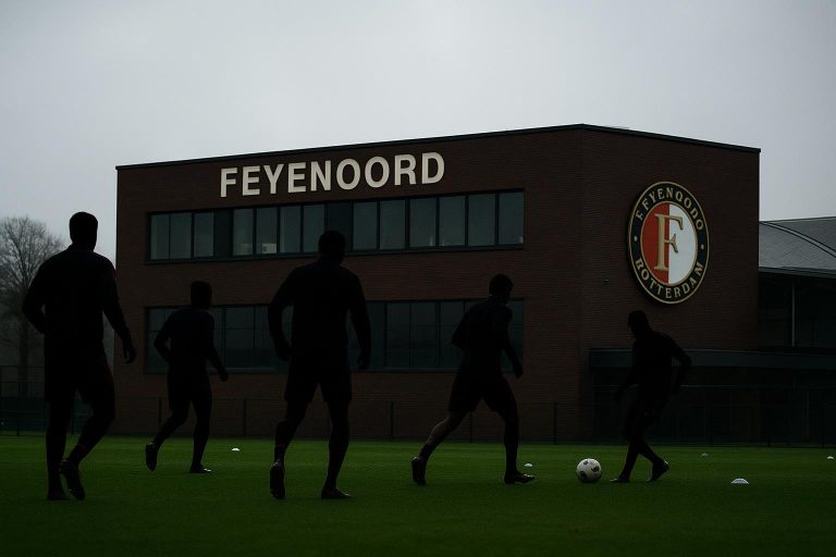Sfeerbeeld van een training bij Feyenoord, met spelers op de achtergrond zonder herkenbare gezichten