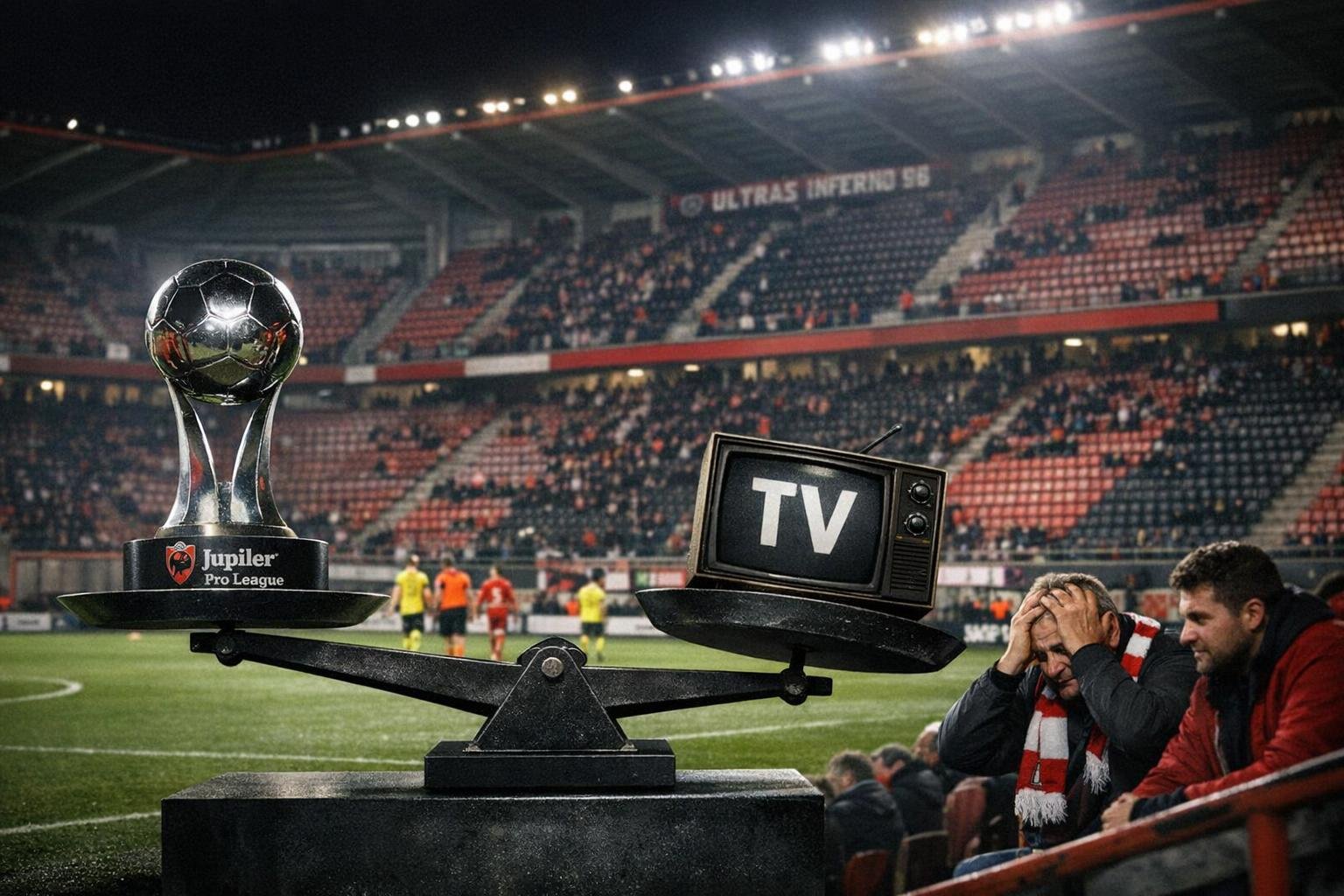 Halfleeg stadion bij een late zondagavondwedstrijd in België