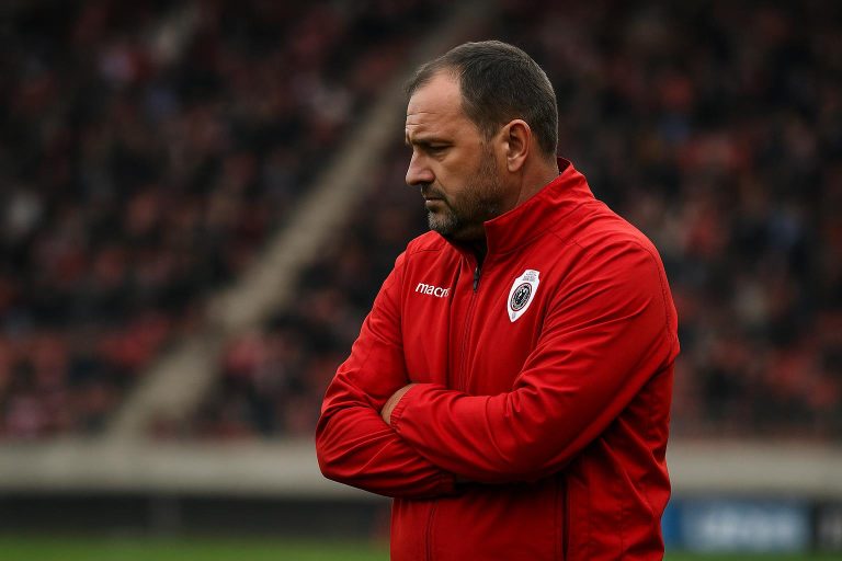 Joseph Oosting langs de zijlijn bij Royal Antwerp FC tijdens een competitiewedstrijd