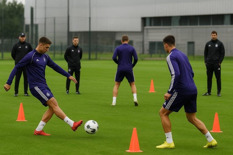 Spelers van RSC Anderlecht op training met staf in de achtergrond, zonder herkenbare gezichten