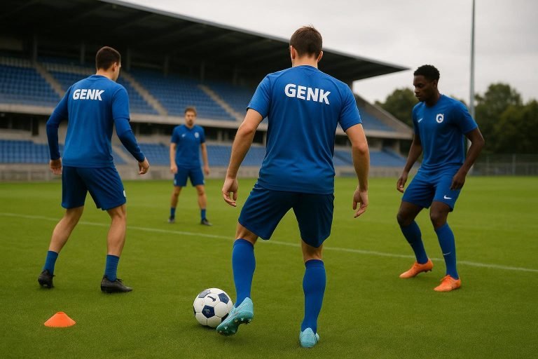 Spelers van KRC Genk tijdens een trainingssessie in aanloop naar een competitiewedstrijd