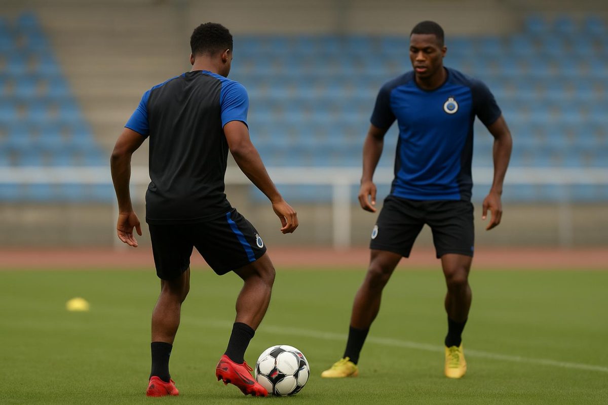Spitsen van Club Brugge tijdens een trainingsmoment op het oefenveld