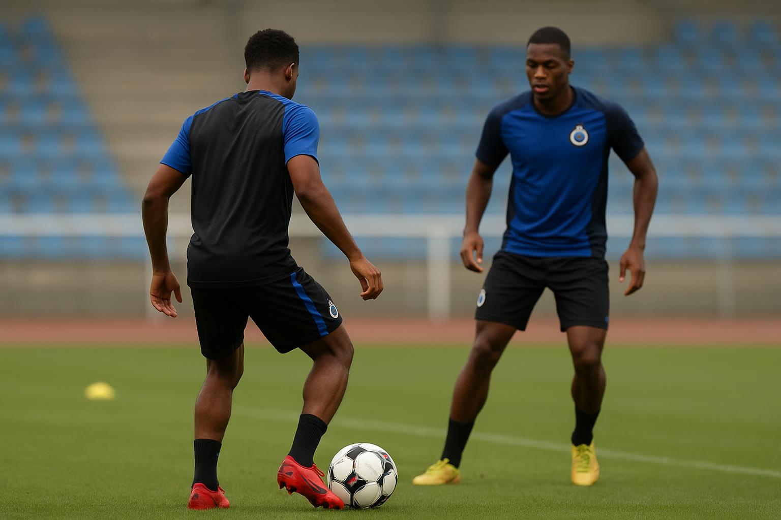 Spitsen van Club Brugge tijdens een trainingsmoment op het oefenveld